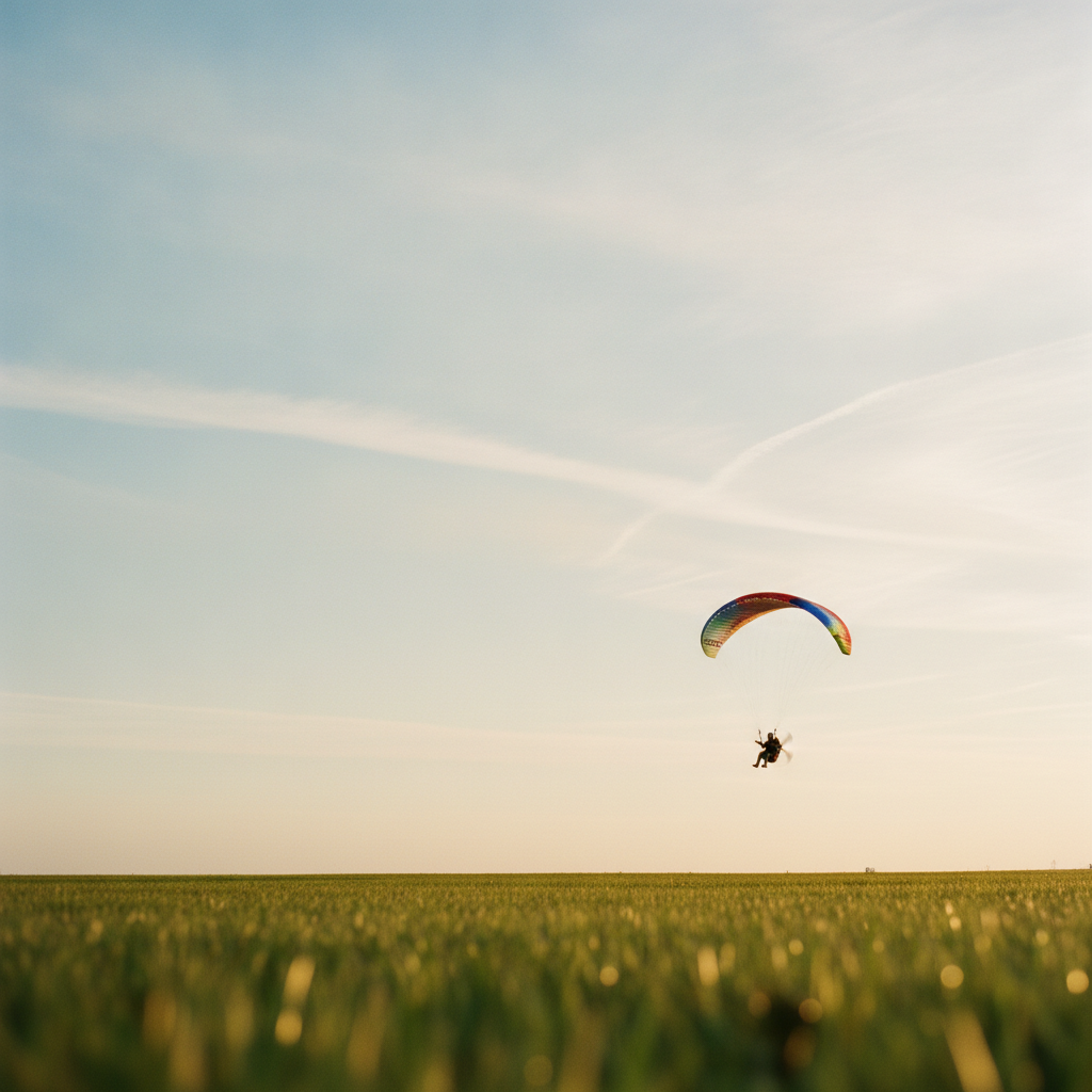 Paramotor pilot launching over a green airfield at dawn